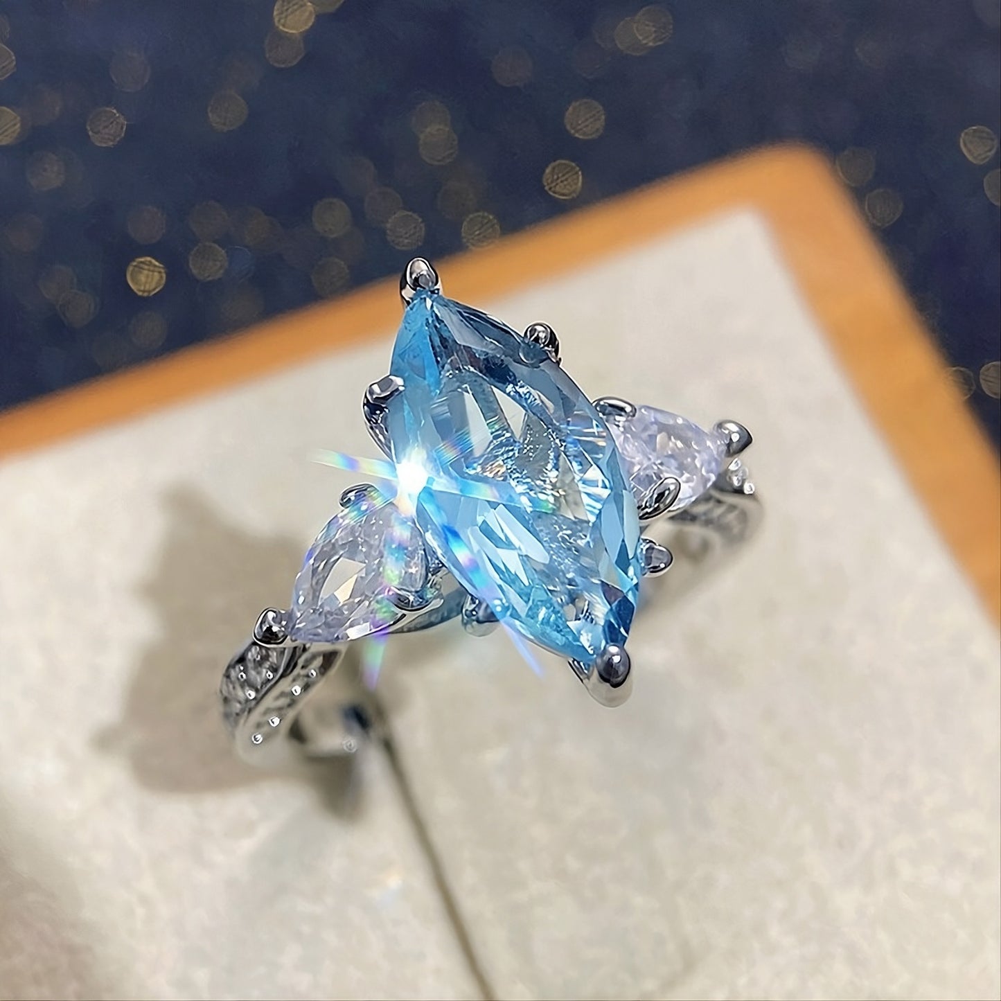 Sterling Silver Blue Aquamarine Marquise Cut Ring