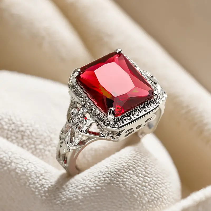 925 Sterling Silver Ruby Red Hollow Ring