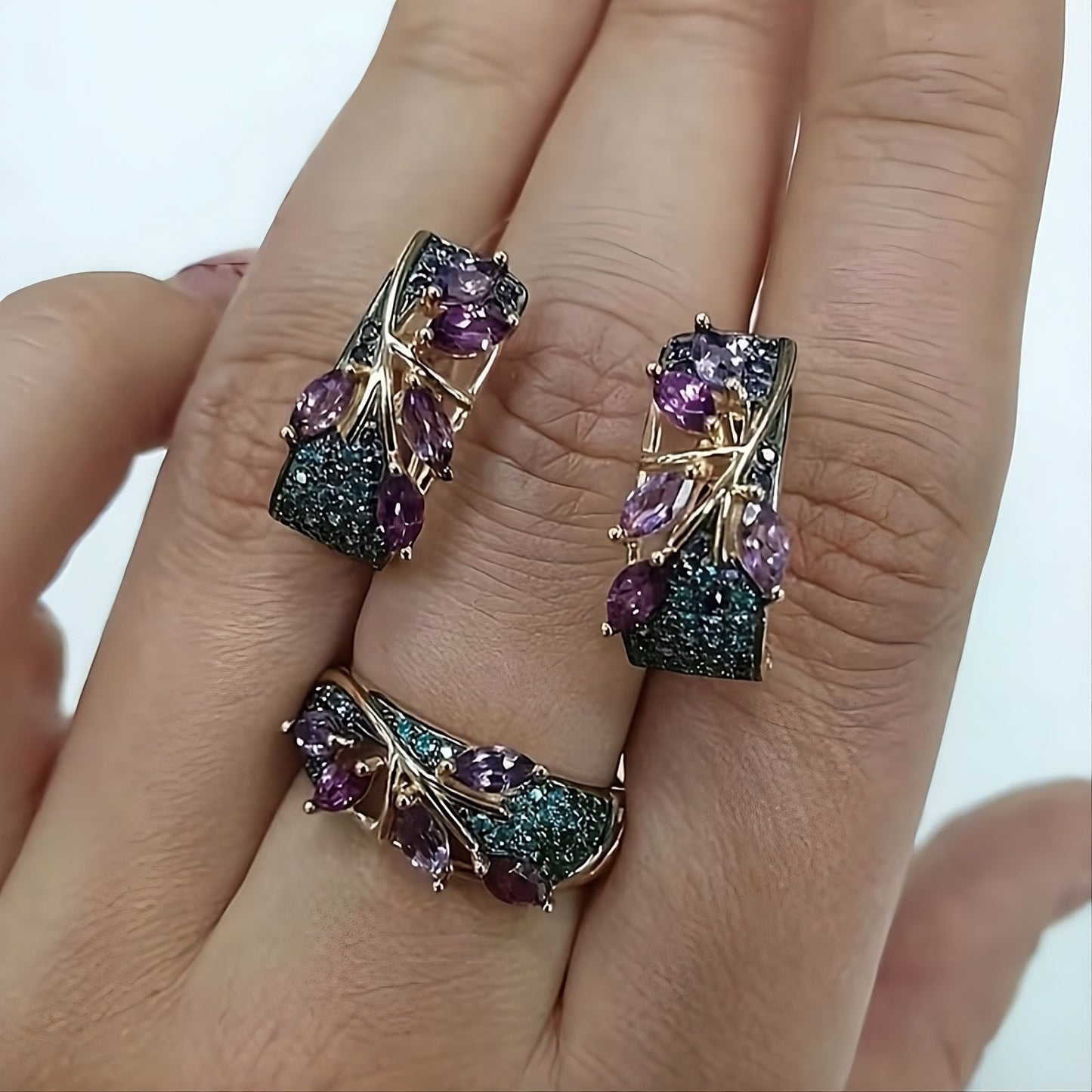 Purple & Blue Crystal Leaf Jewelry Set – Ring & Earrings