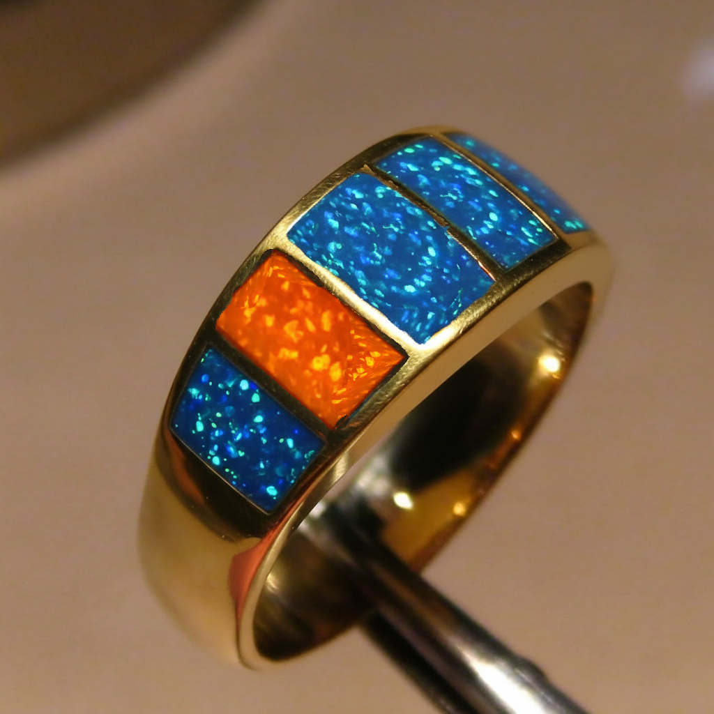 Gold Tone Multi-Panel Blue & Orange Fire Opal Inlay Band Ring