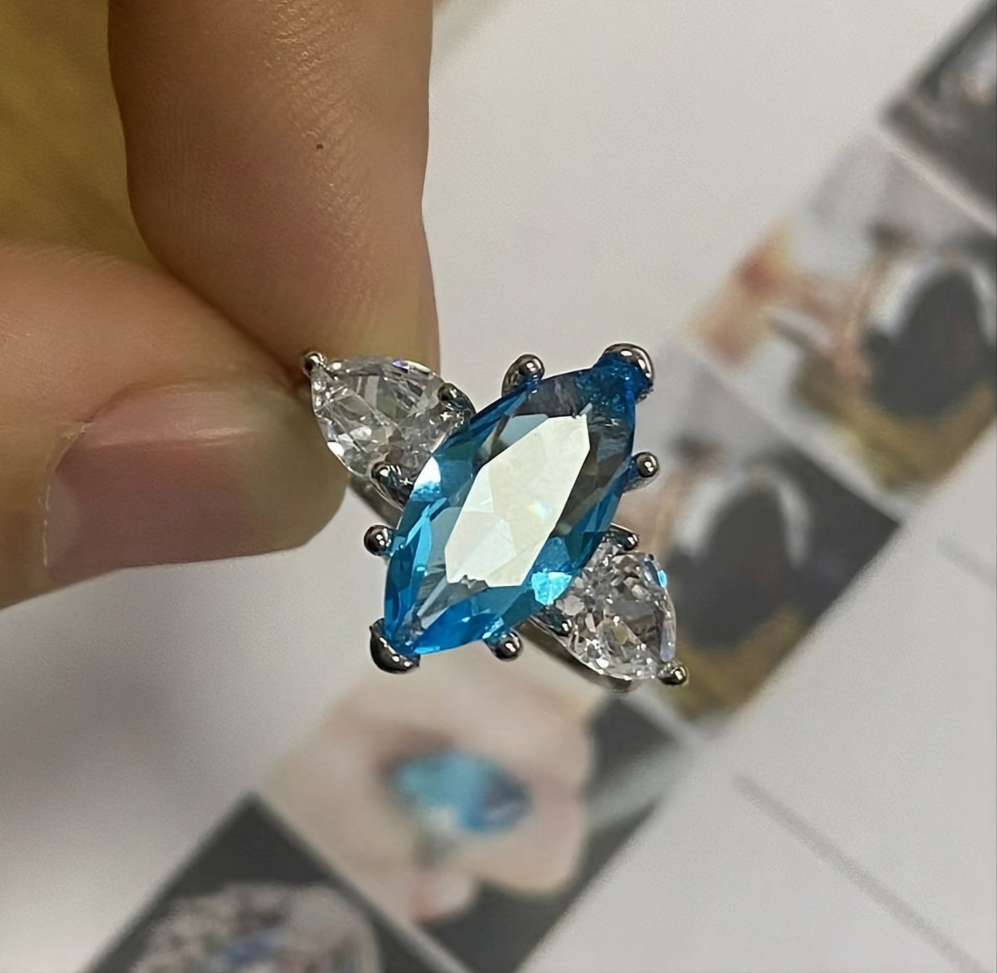Sterling Silver Blue Aquamarine Marquise Cut Ring