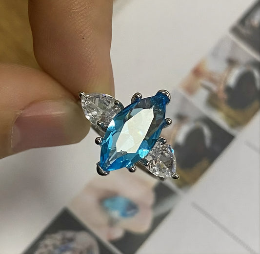 Sterling Silver Blue Aquamarine Marquise Cut Ring