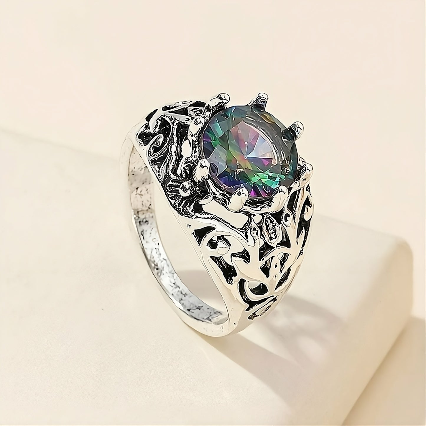 925 Sterling Silver Boho Mystic Rainbow Retro Hollow Ring
