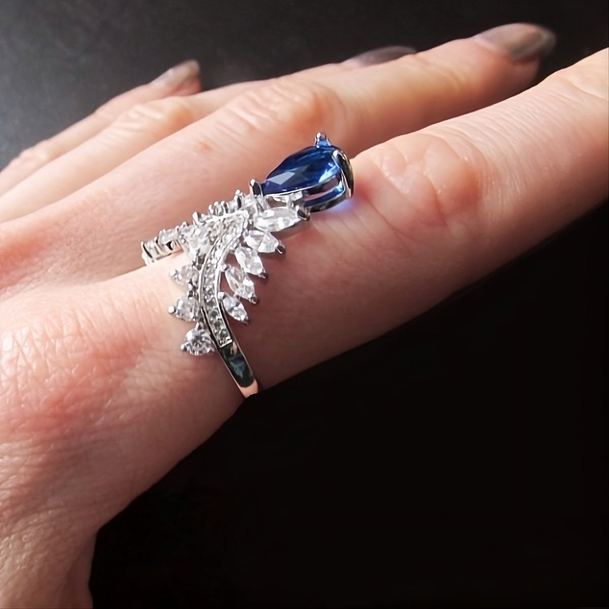 Blue Sapphire Pear Cut Crown Unique Silver Ring