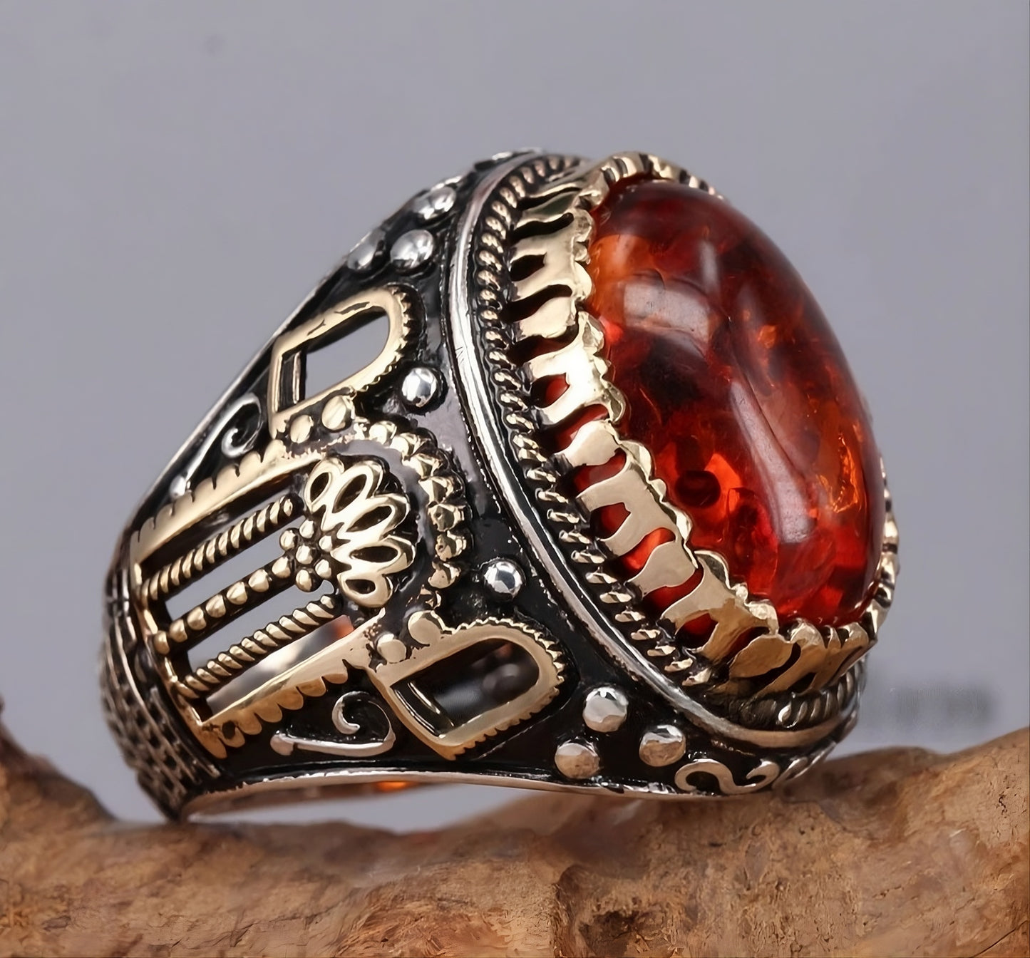 Men's Turkish Two-Tone Red Geometric Domineering Ring