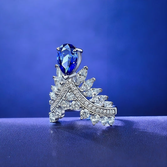 Blue Sapphire Pear Cut Crown Unique Silver Ring