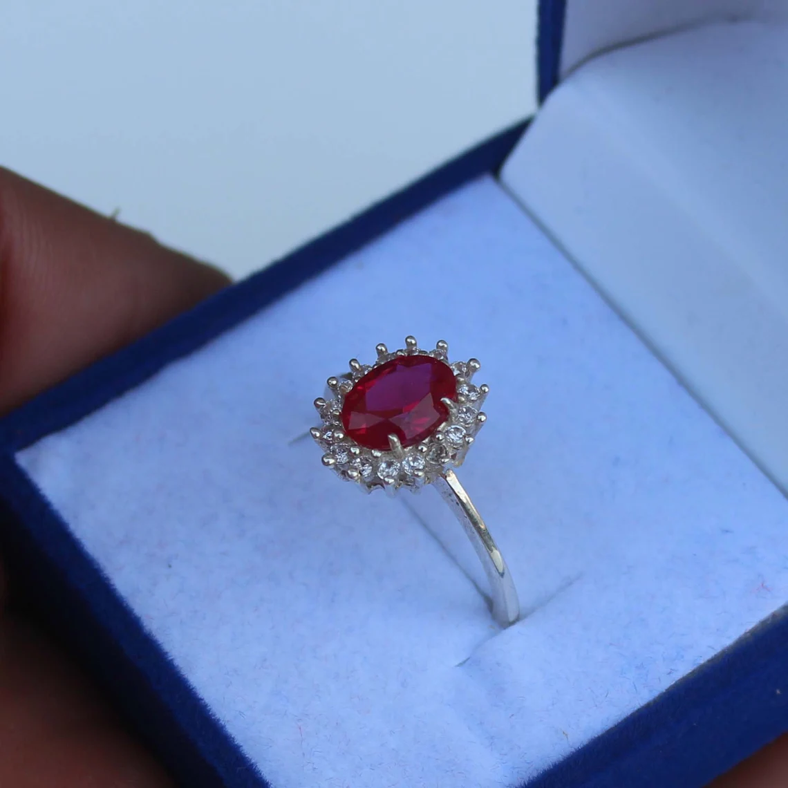 Sterling Silver Oval Ruby Red Flower Open Ring