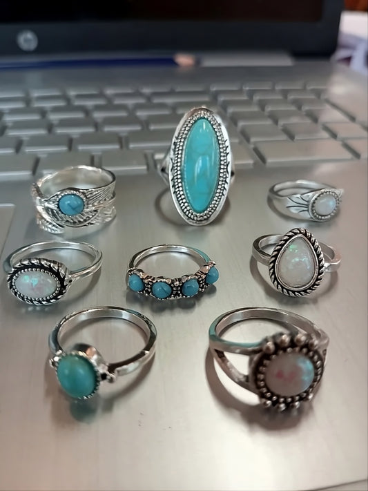 8pcs Vintage Blue Turquoise Antique Silver Ring Set