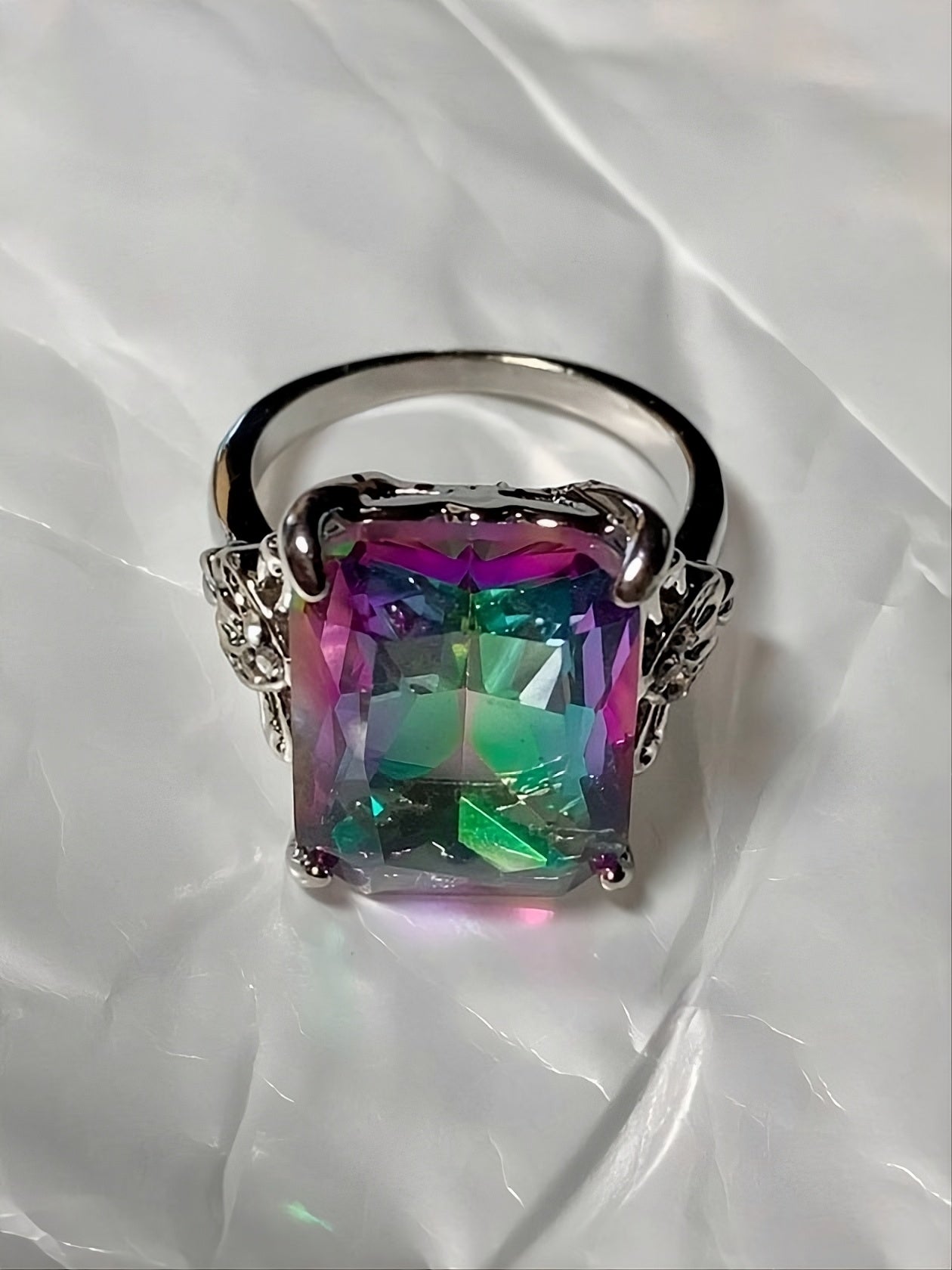 Huge Rectangle Rainbow Mystic Topaz Vintage Silver Ring