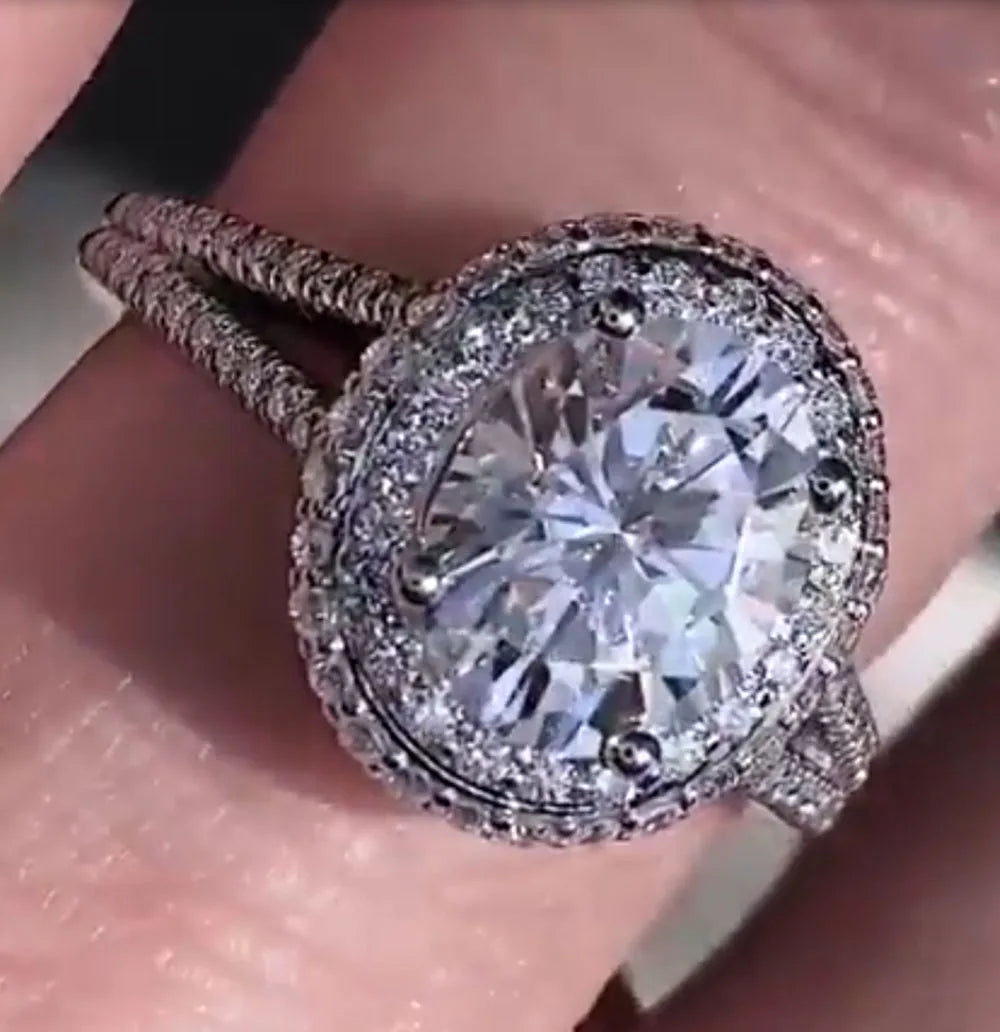 Stunning White Oval Halo Moissanite Silver Engagement Ring