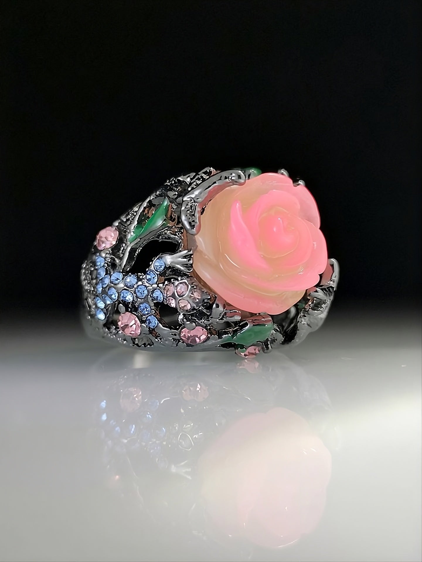 Handmade Black Tungsten Colorful Flower Lizard Resin Ring