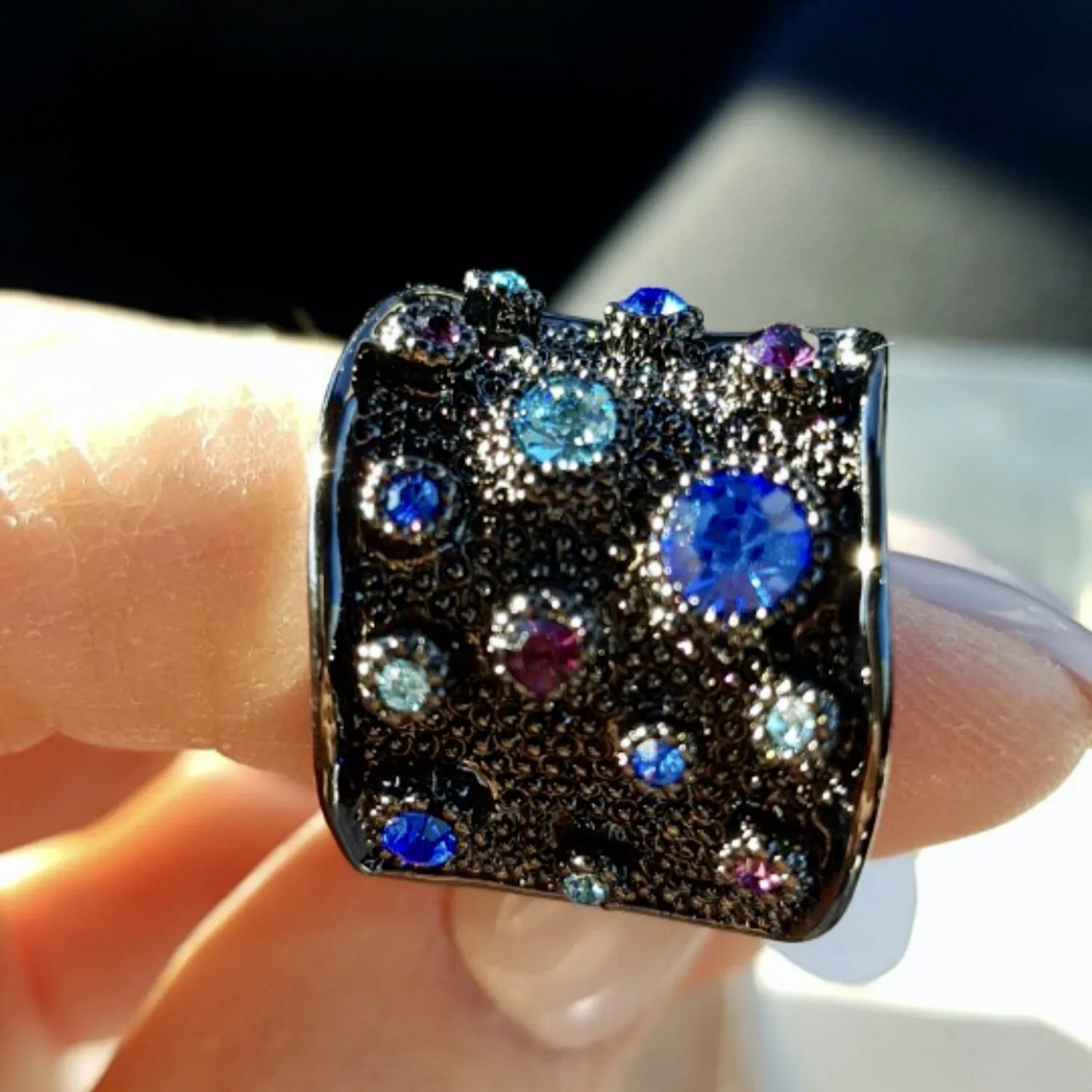 Wide Black Rhodium Plated Multicolor Crystals Paved Index Ring