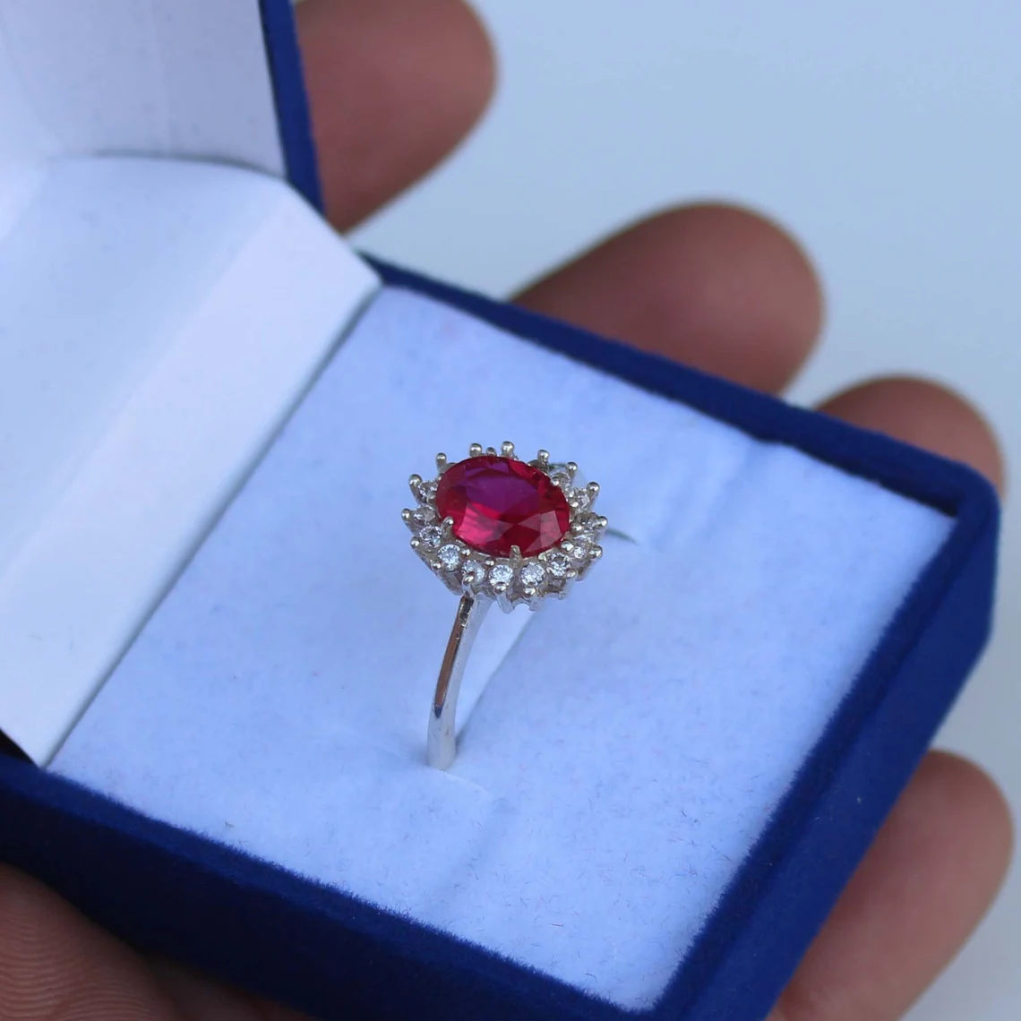 Sterling Silver Oval Ruby Red Flower Open Ring