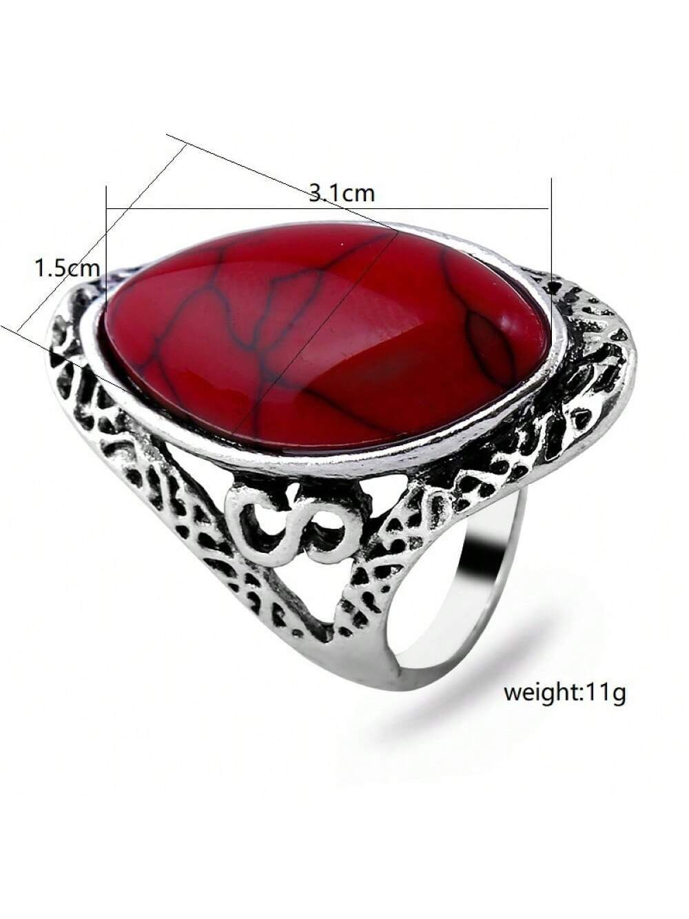 Natural Red 27mm Stone Hollow Antique Silver Ring