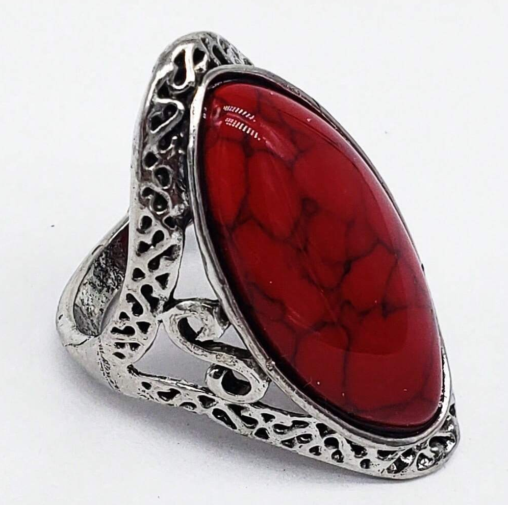 Natural Red 27mm Stone Hollow Antique Silver Ring