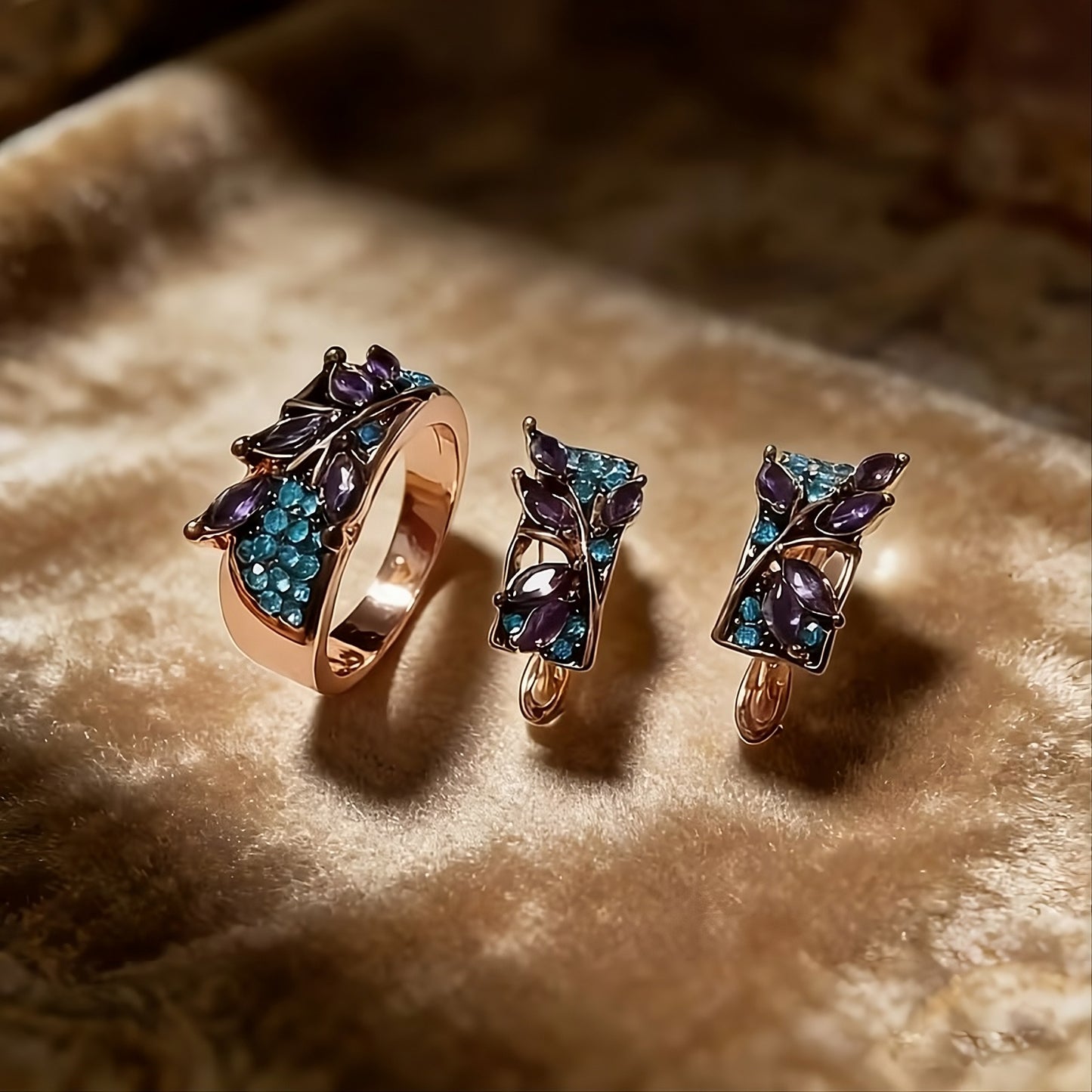 Purple & Blue Crystal Leaf Jewelry Set – Ring & Earrings