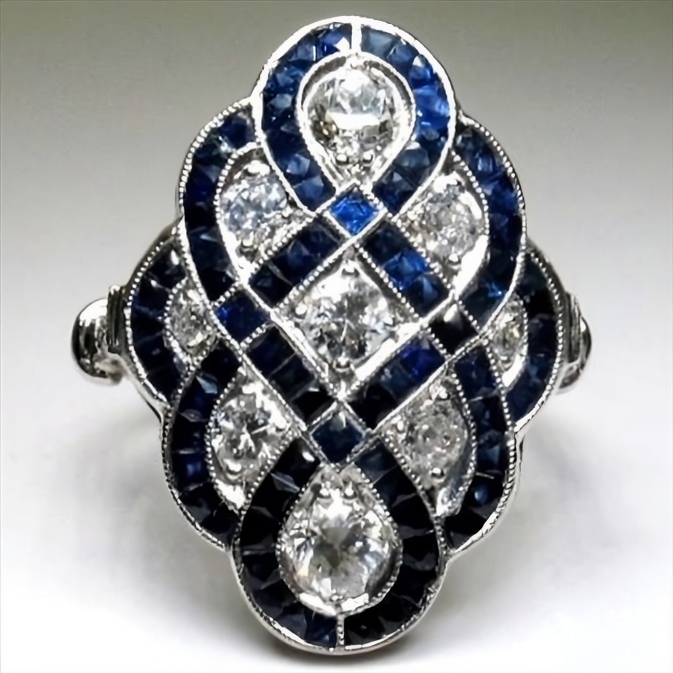 Vintage Retro Blue Rhinestone Silver Art Deco Ring