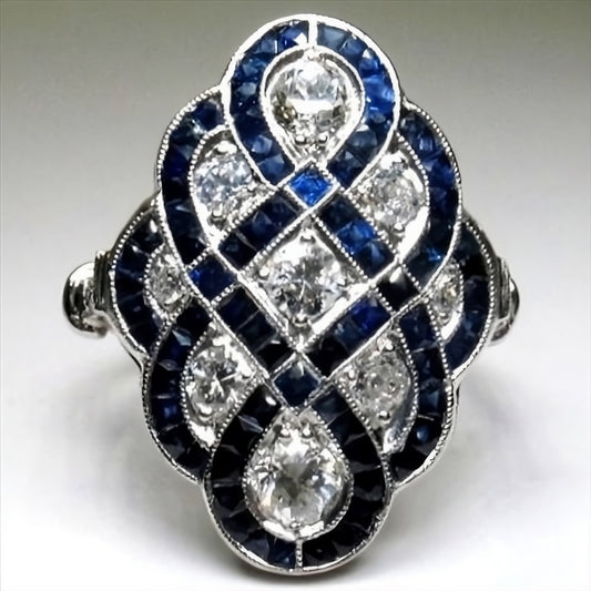 Vintage Retro Blue Rhinestone Silver Art Deco Ring