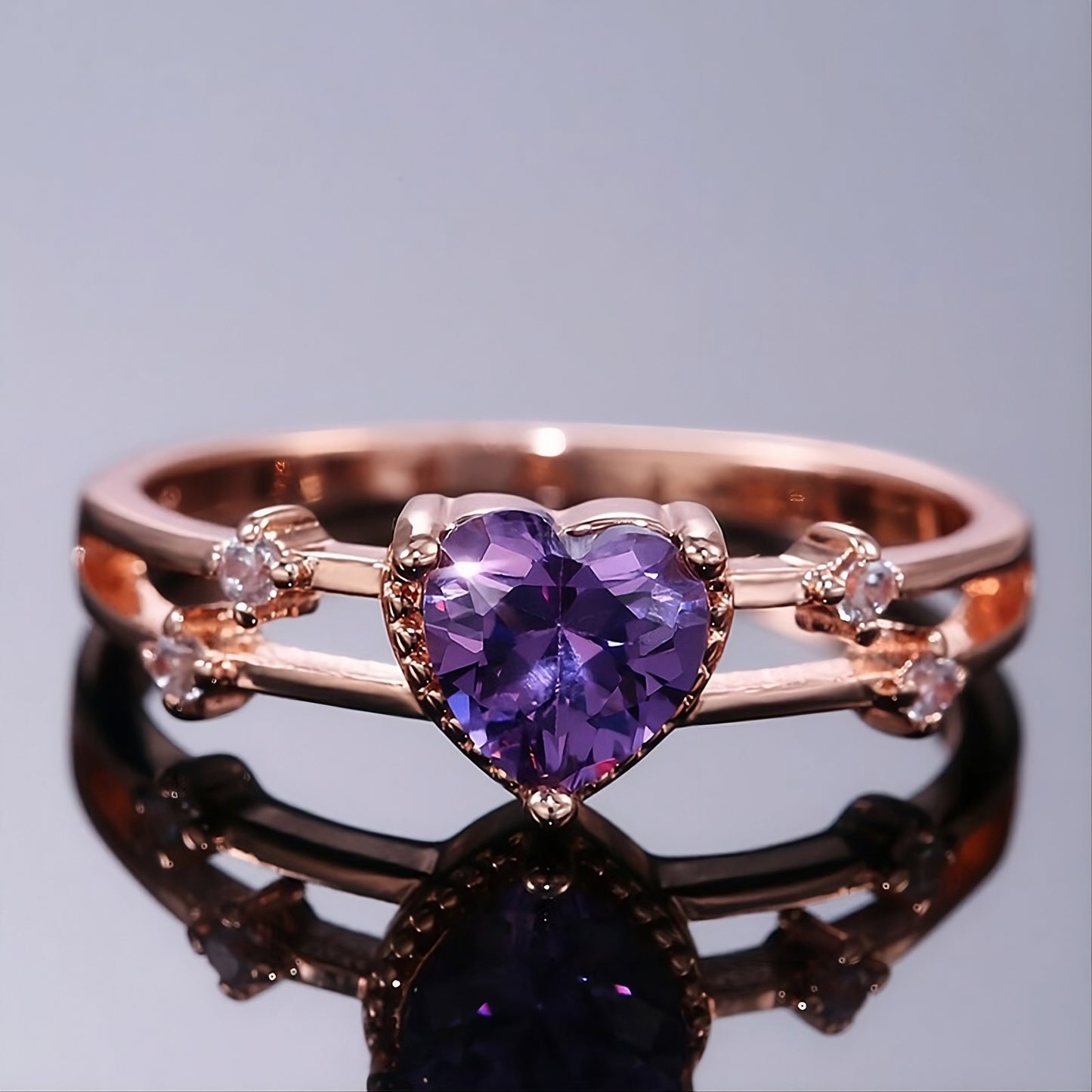 Sterling Silver Rose Gold Inlaid Purple Heart-Shape Ring