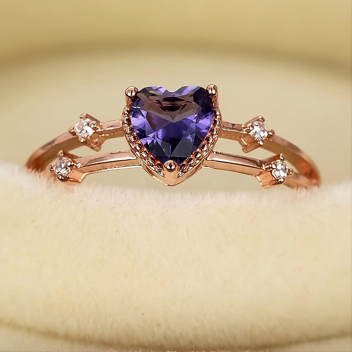 Sterling Silver Rose Gold Inlaid Purple Heart-Shape Ring