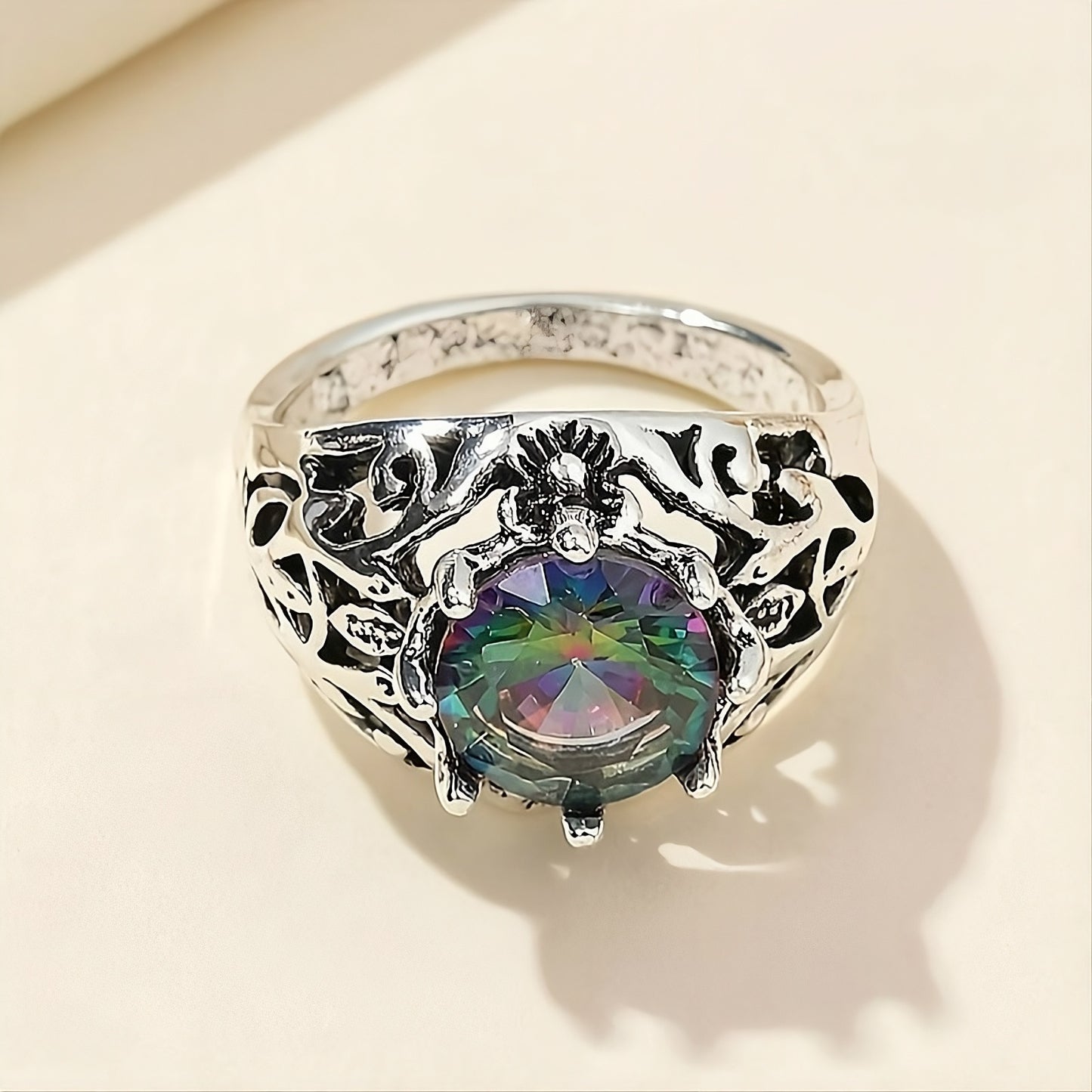 925 Sterling Silver Boho Mystic Rainbow Retro Hollow Ring