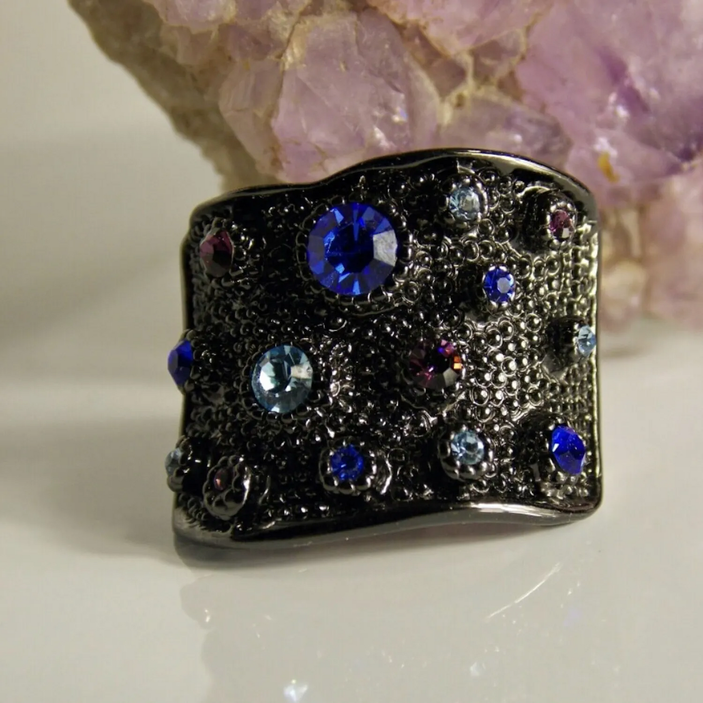 Wide Black Rhodium Plated Multicolor Crystals Paved Index Ring