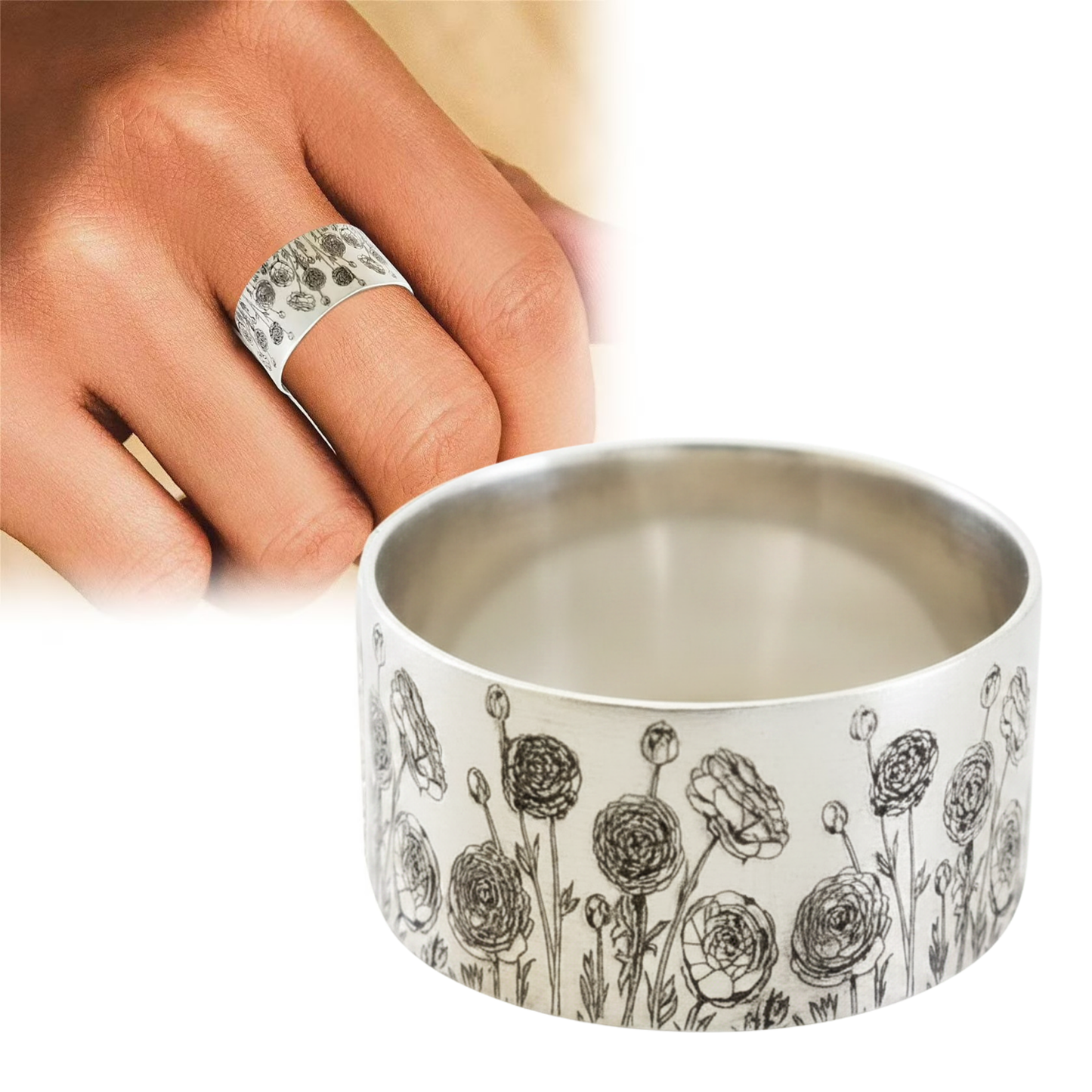 Engraved Dandelion Wildflowers Silver Wide Band Ring