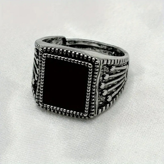 Men's Black Onyx Domineering Geometric Open Silver Ring