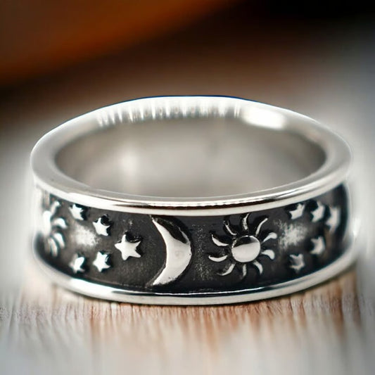 Vintage Moon Star Sun Statement Retro Silver Boho Ring