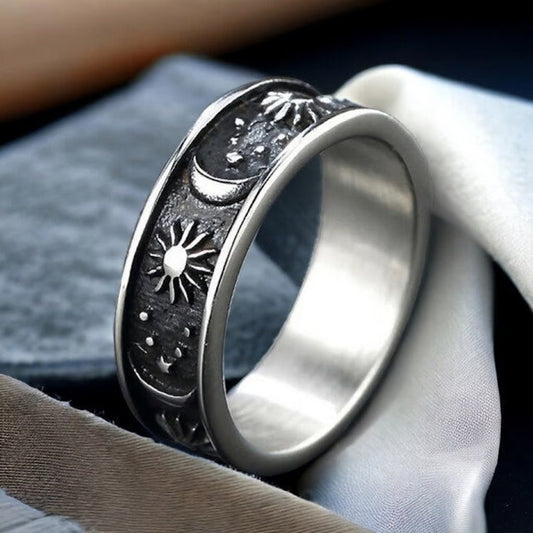 Vintage Moon Star Sun Statement Retro Silver Boho Ring