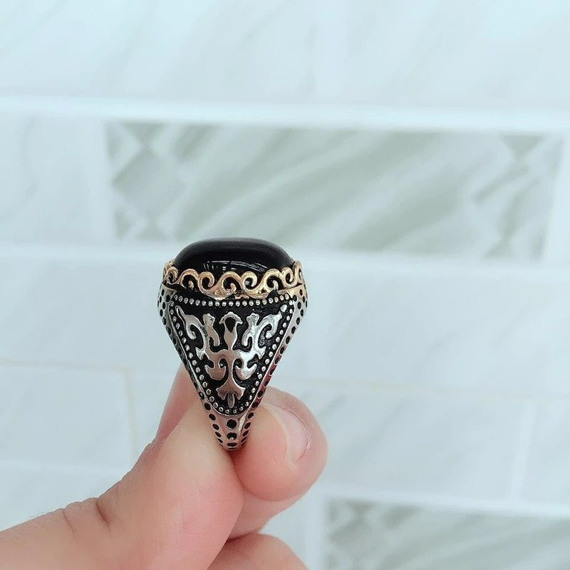 Men's Black Oval Gemstone Two Tone Ethnic Ring