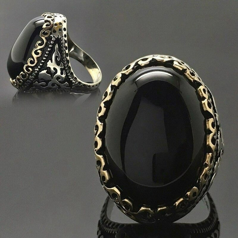 Men's Black Oval Gemstone Two Tone Ethnic Ring