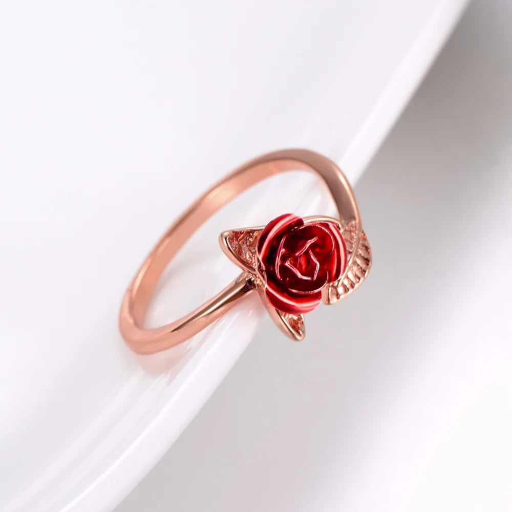 Exquisite Red Rose Flower Leaf Open Cocktail Ring