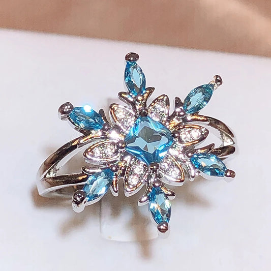 Elegant Blue & White Crystals Snowflake Silver Ring