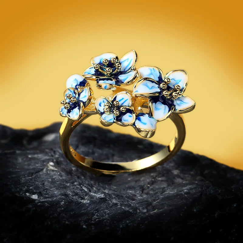 925 Sterling Silver Filled Blue Enamel Lotus Flower Gold Tone Ring