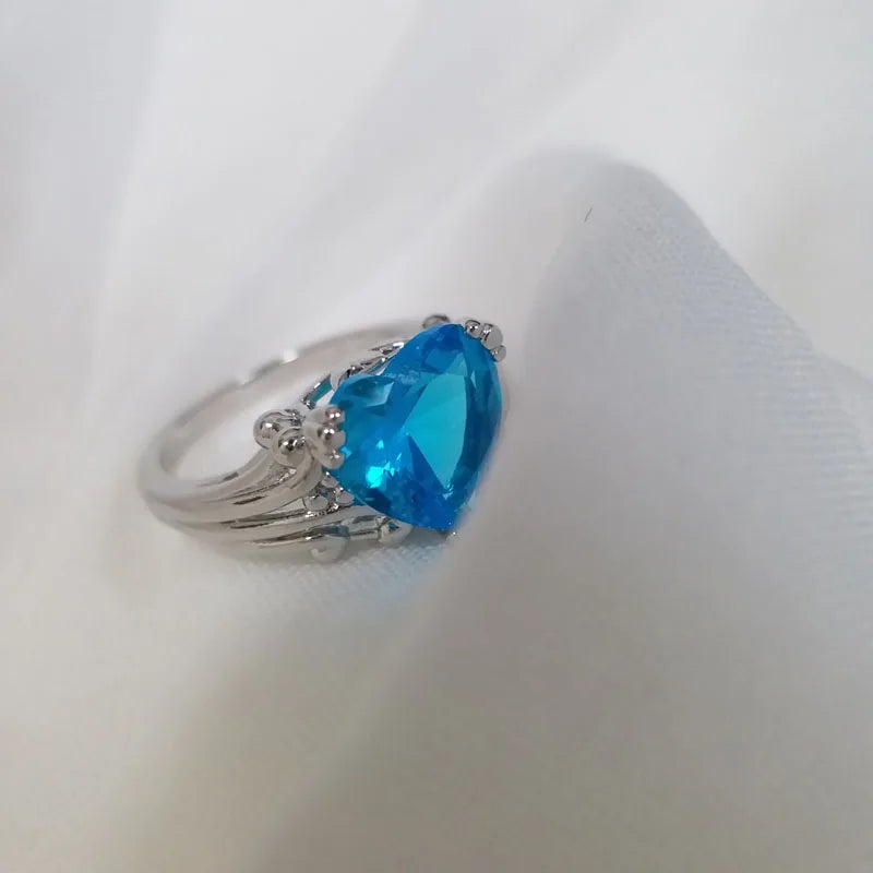 12mm Blue Aquamarine Silver Tone Heart Shaped Ring