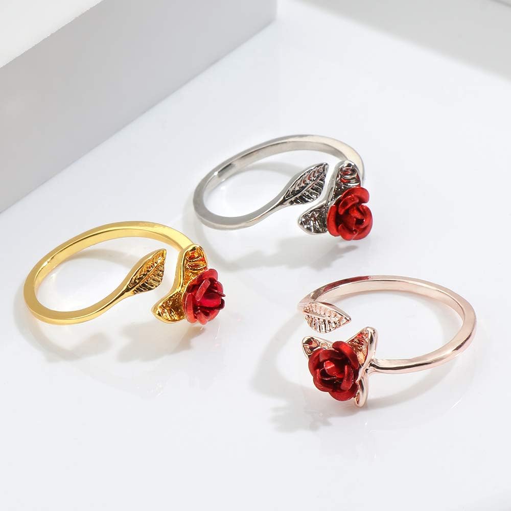 Exquisite Red Rose Flower Leaf Open Cocktail Ring