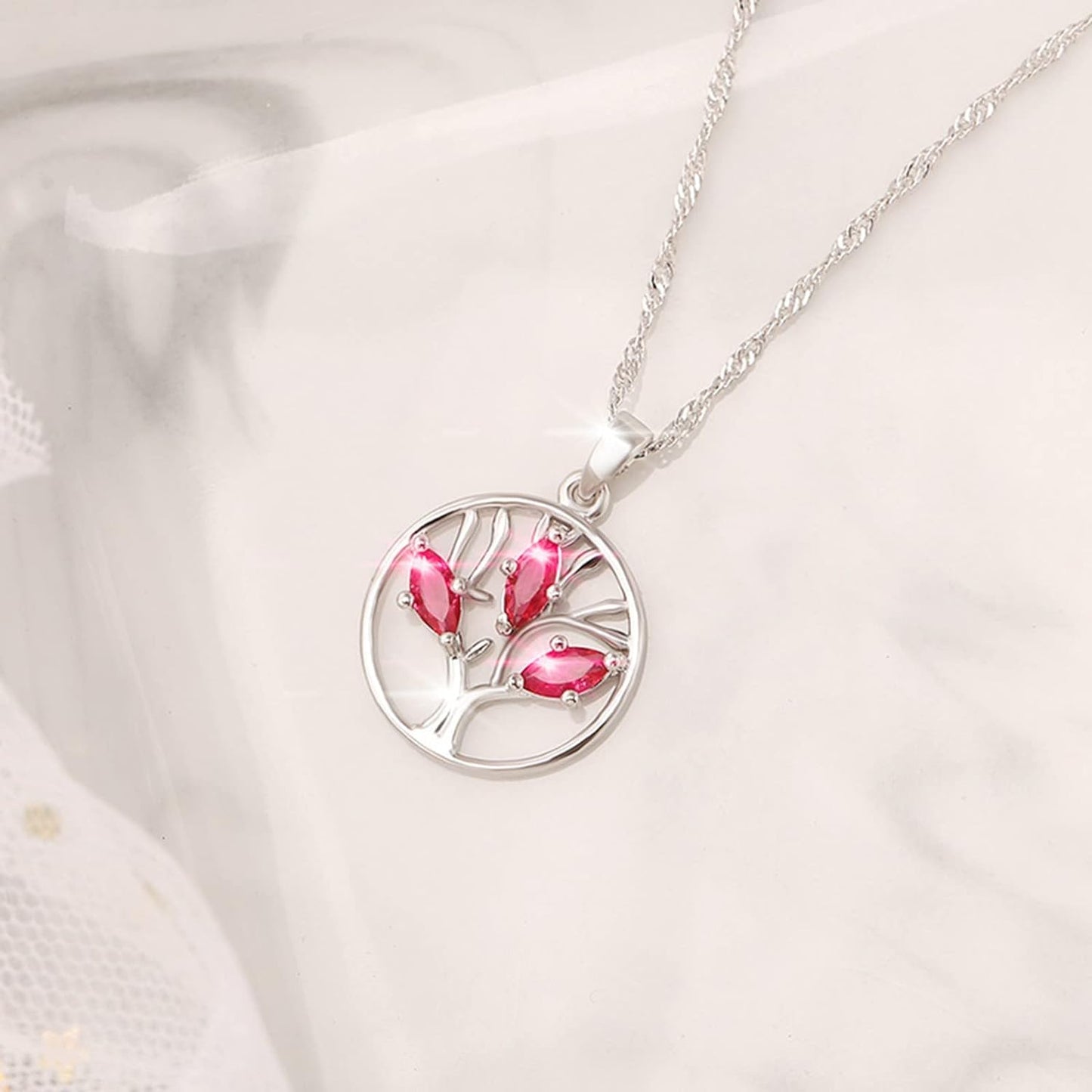 Sterling Silver Pink Marquise Tree of Life Necklace