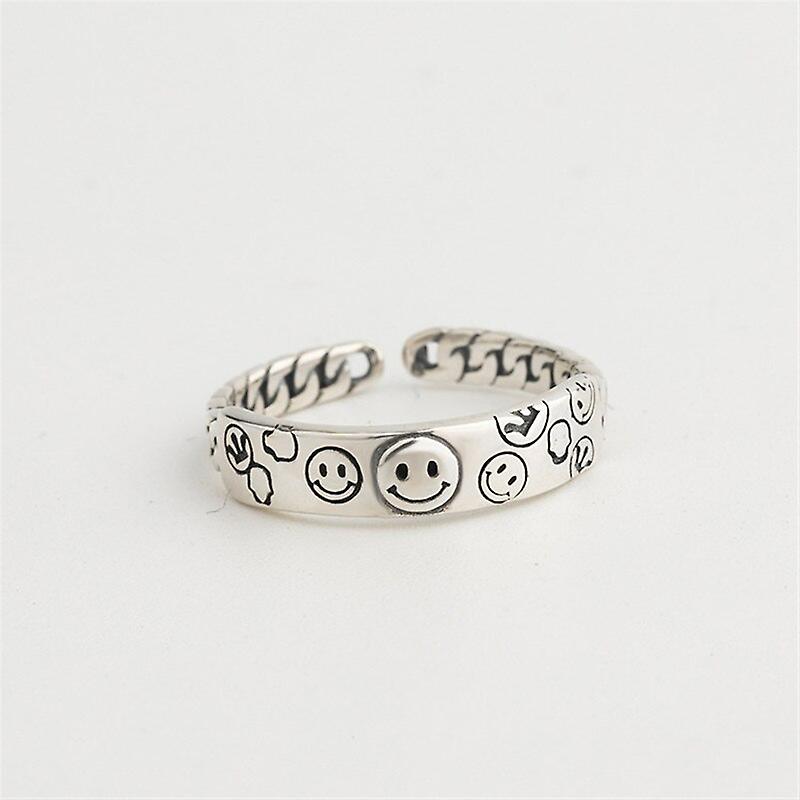 Sterling Silver Retro Smiling Happy Faces Open Ring