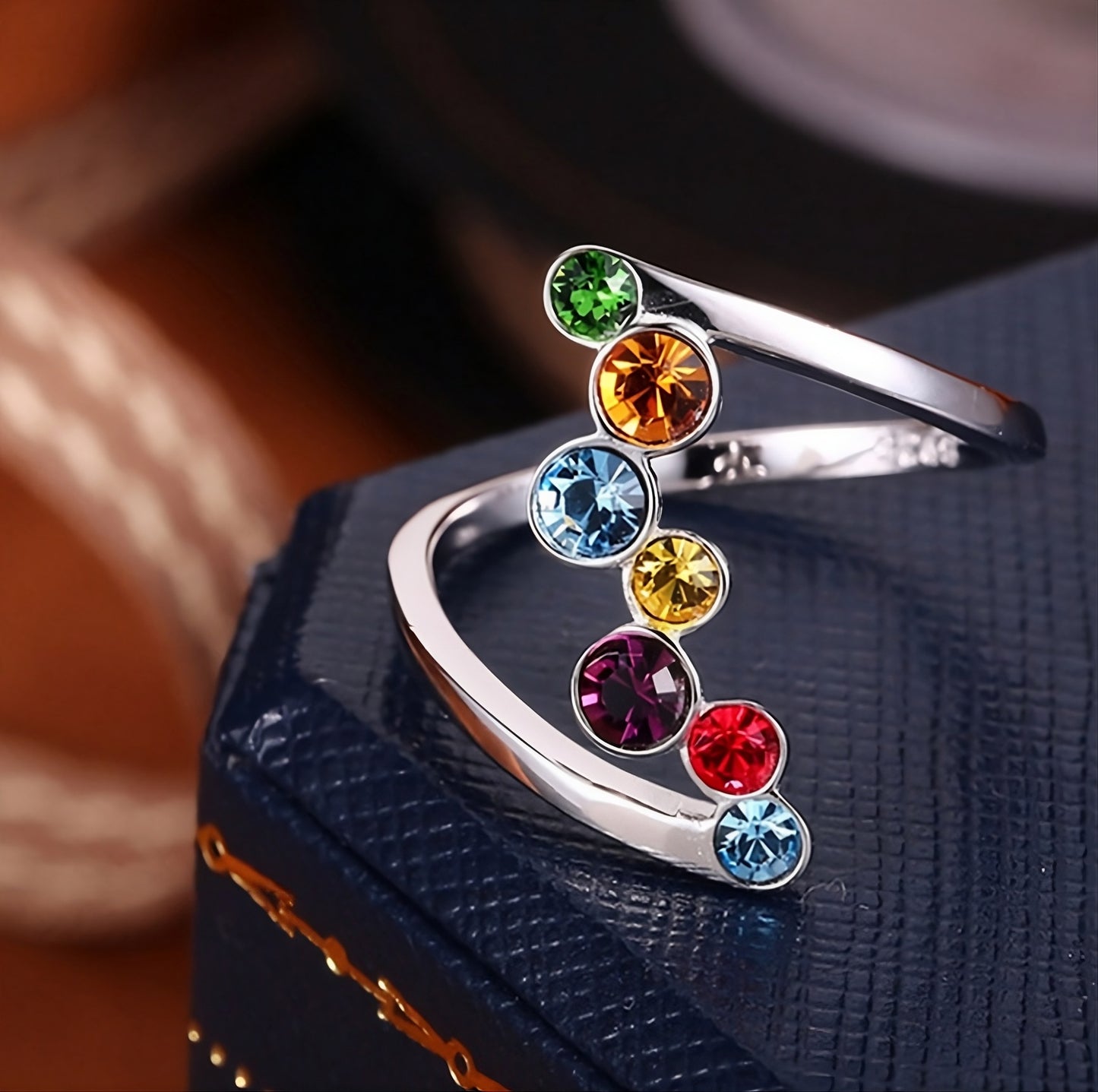 Sterling Silver Multicolor Round Gemstones Colorful Ring