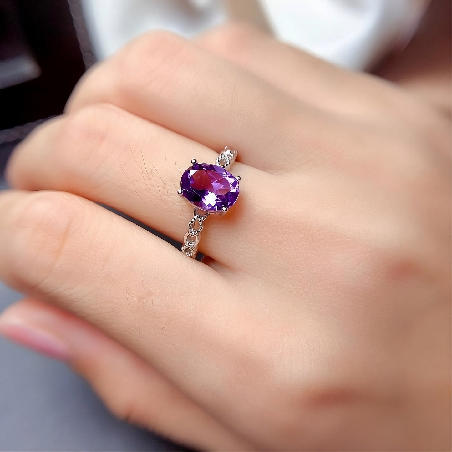 Purple CZ Solitaire 925 Sterling Silver Hollow Band Ring for Women
