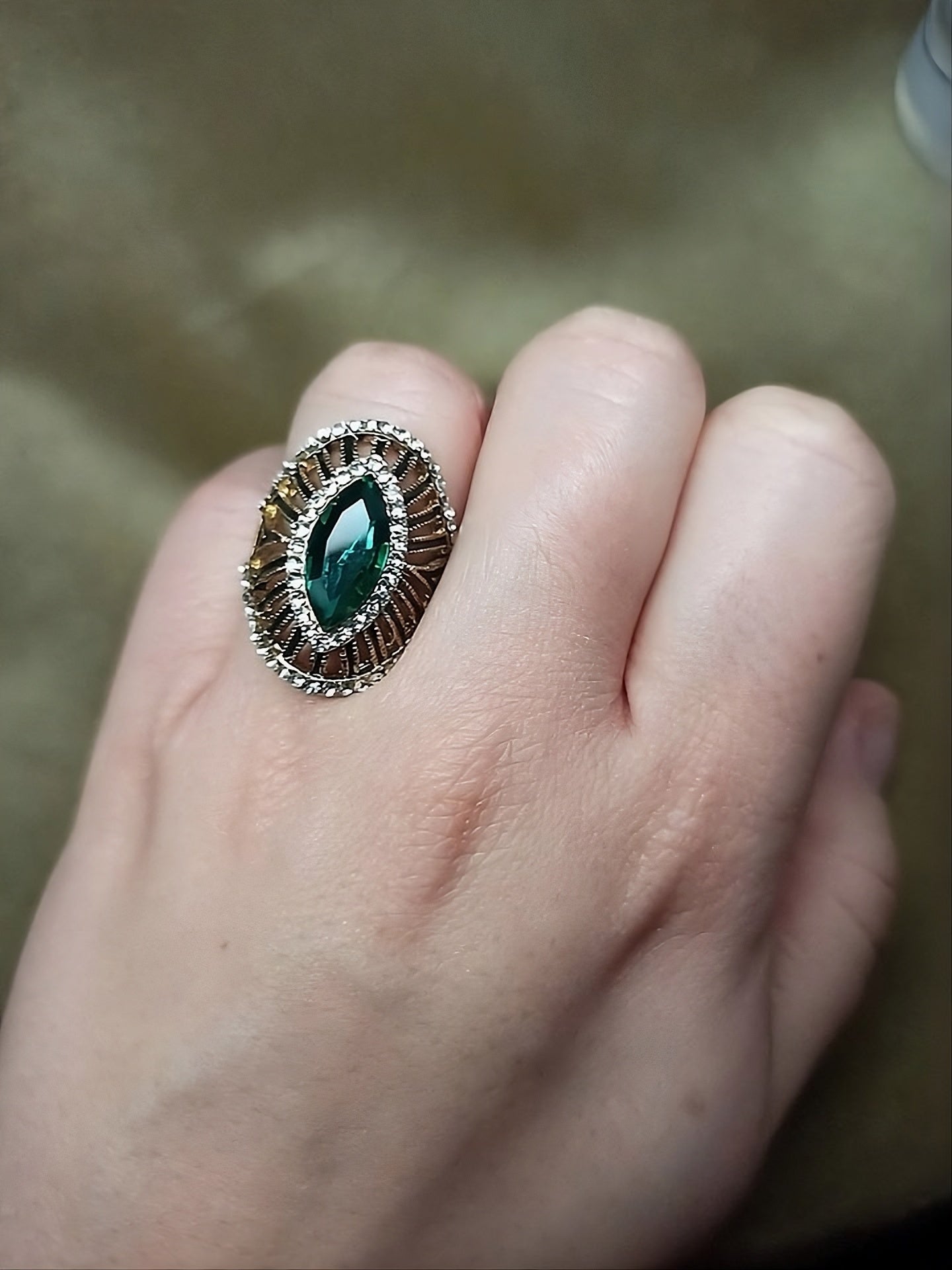 Green Marquise Crystal Black Enamel Antique Gold Ring