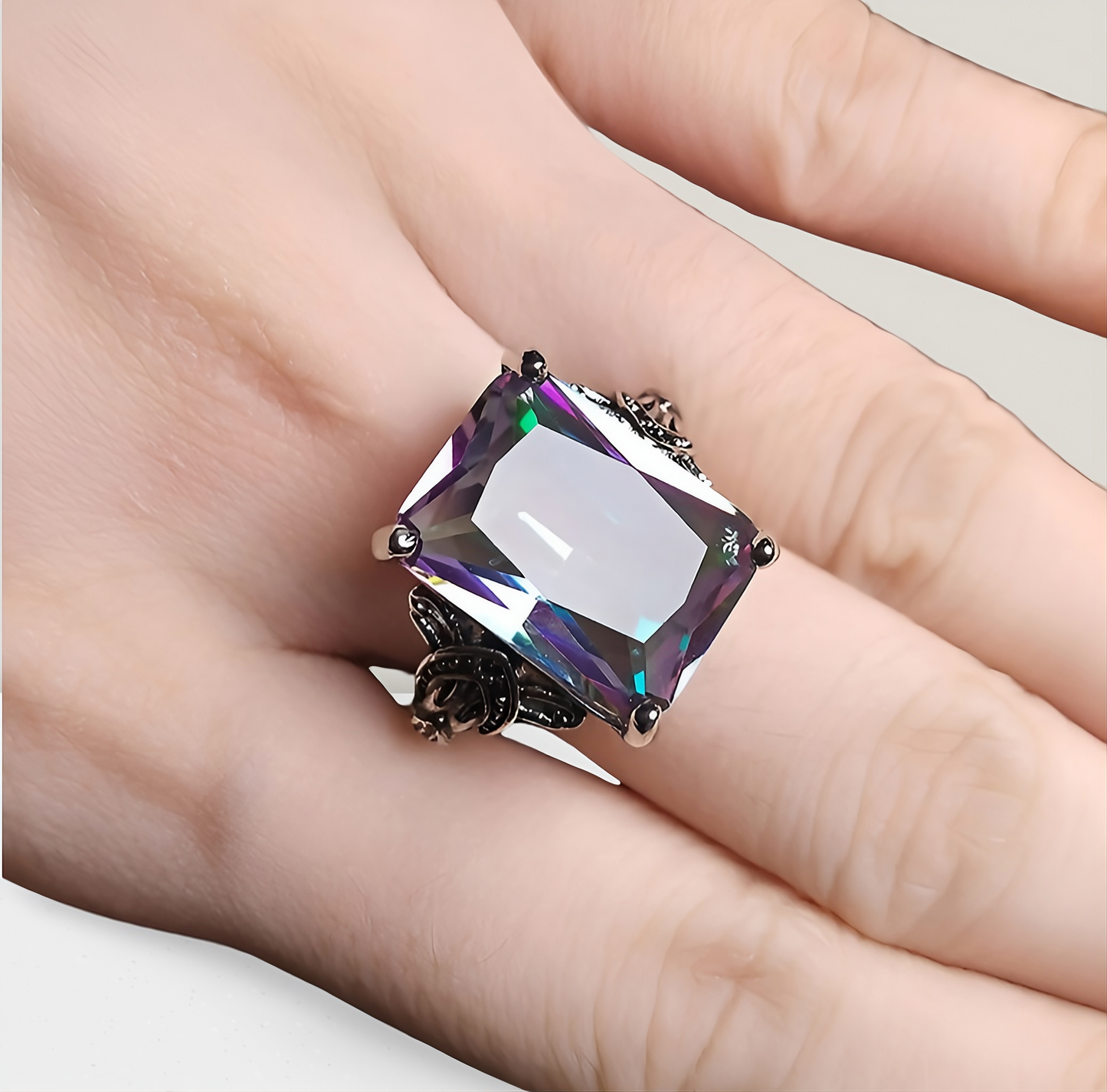 Huge Rectangle Rainbow Mystic Topaz Vintage Silver Ring