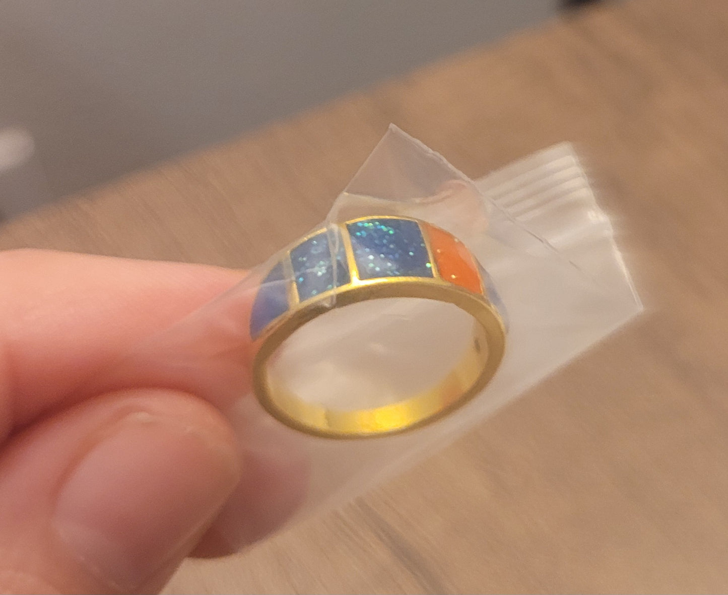 Gold Tone Multi-Panel Blue & Orange Fire Opal Inlay Band Ring