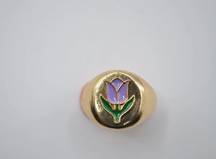 Colorful Dripping Oil Tai Chi Purple Tulip Gold Signet Ring