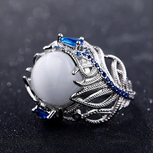 Vintage White Opal Cat Eye Hollow Silver Ring