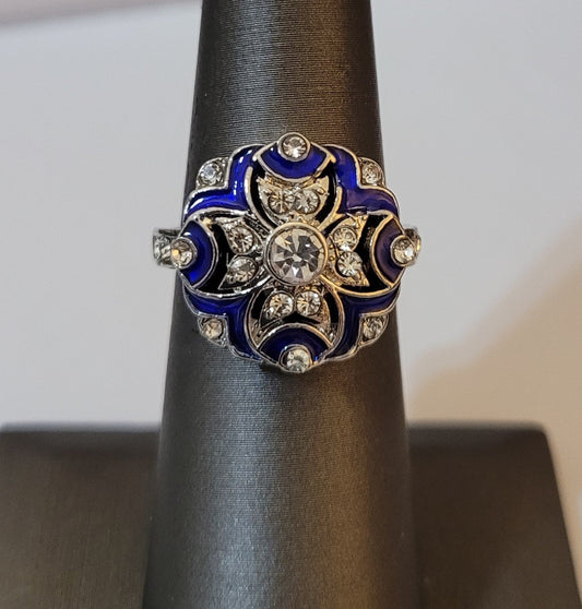 Vintage Blue Faux Sapphire 925 Silver Art Deco Ring