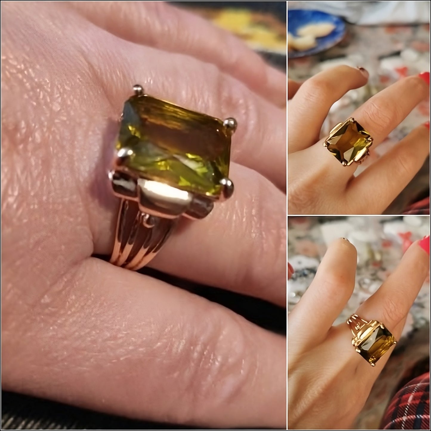 Emerald Cut Yellow Coffee Rhinestone Vintage-Inspired Ring for Women