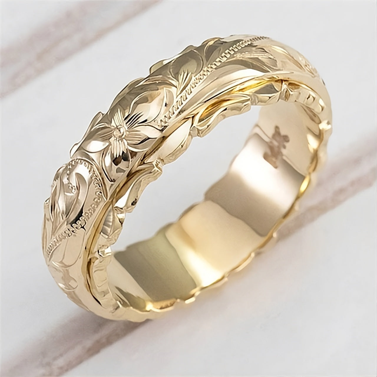 Classic Carved Rose Flower Engraved Gold Ring