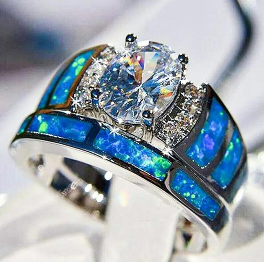 2pcs Blue Opal Epoxy Zircon Inlaid Silver Ring Set